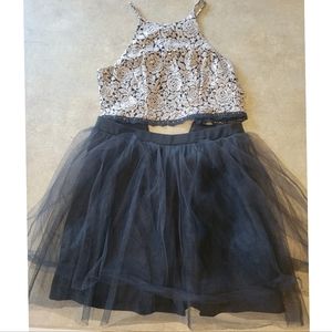A. Byer Homecoming two piece Rose Gold Halter top dress. Black skirt.